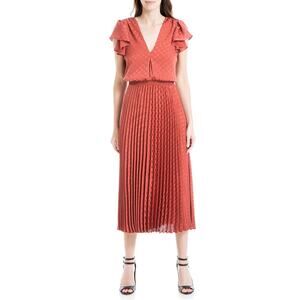 Max Studio Pleated Midi Dress Small Terracotta Brown Jacquard Shine Dot Feminine